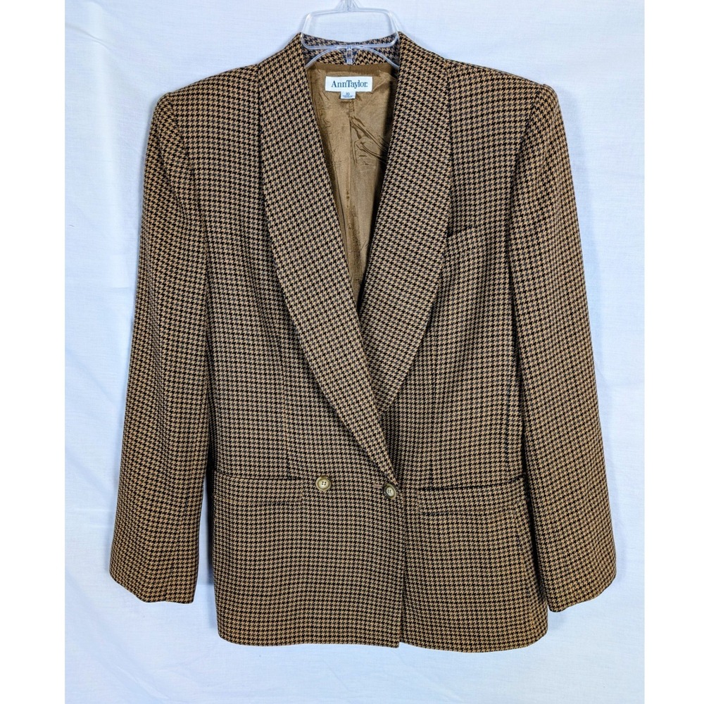 Vintage Ann Taylor Wool Camel Houndstooth Double Breasted Blazer Womens 10 Brown